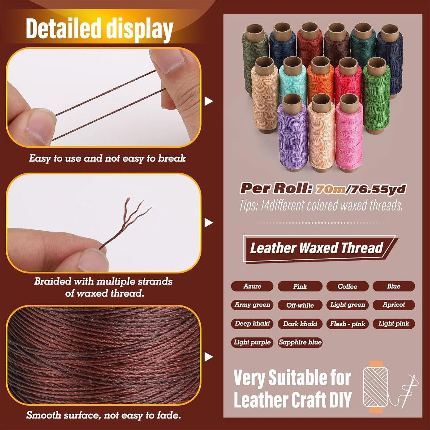 0.55 mm Round Waxed Thread, 14 Colors 76 Yards Spool Wax Coated String, Leather Sewing Waxed Thread for Sewing, Stitching, Beading, Bookbinding, Bracelet, Braiding