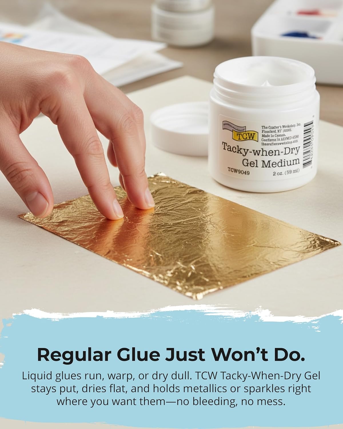 The Crafter’s Workshop – Tacky-When-Dry Gel Medium, Foil Adhesive for Paper Crafts, Journaling & Mixed Media | Dries Clear & Tacky for Glitter, Gilding & Mica Effects, 2 oz Jar