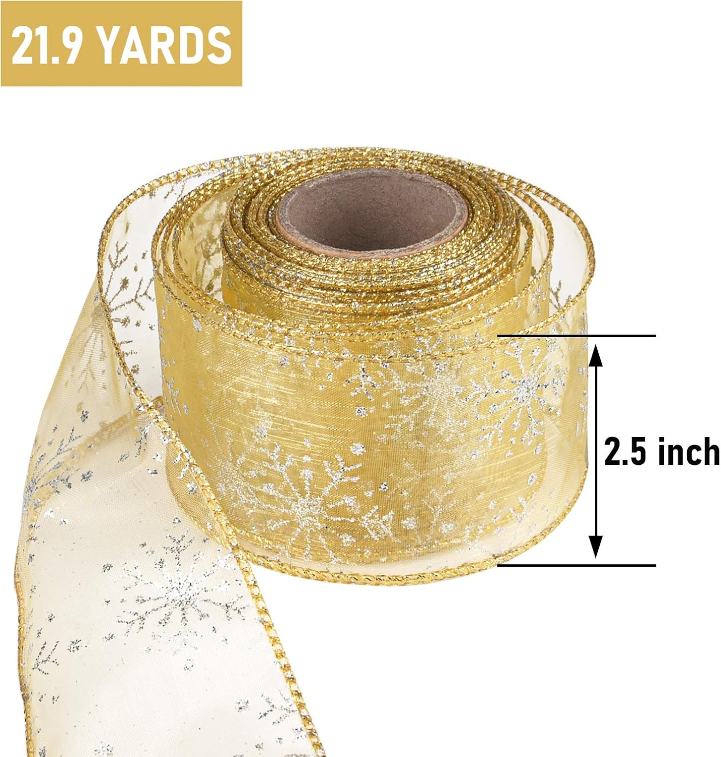 2.5 Inch Wide Christmas Wired Ribbon Snowflake Organza Sheer Glitter Ribbon for Xmas Tree, Wreath, Party Decoration, Gift Wrapping (Golden, 21.9 Yards)