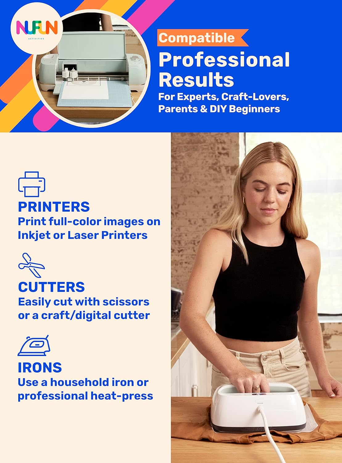 NuFun Activities Printable Iron-on Heat Transfer Paper for T Shirts, Dark Fabrics, 50 Sheets 8.5 x 11 inch, Long Lasting, Durable, Professional Quality, Easy DIY, Non-Toxic, Made in The USA