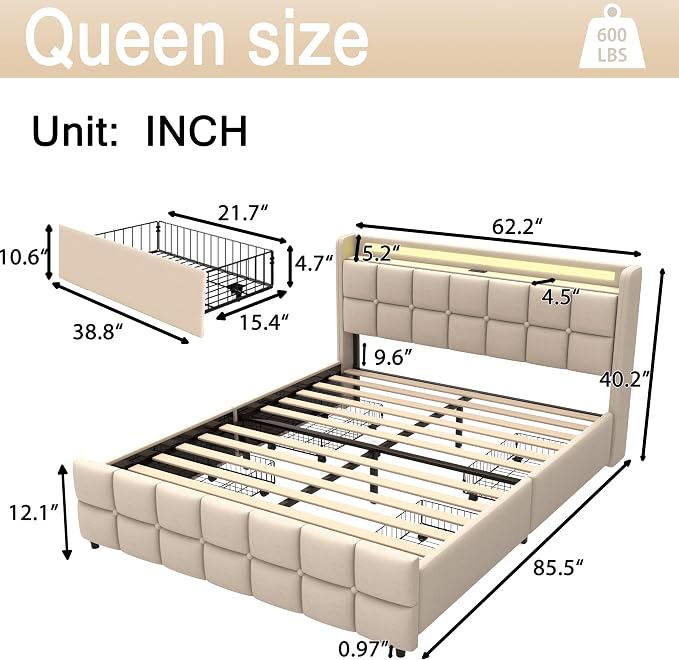Queen Size Bed Base with Multiple Color LED Lighting, Linen Upholstered Bed - Image 2