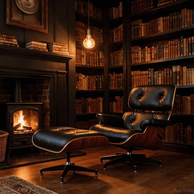 Top Black Grain Leather, Mid Century Chaise Lounge Chair and Ottoman, Accent - Image 5