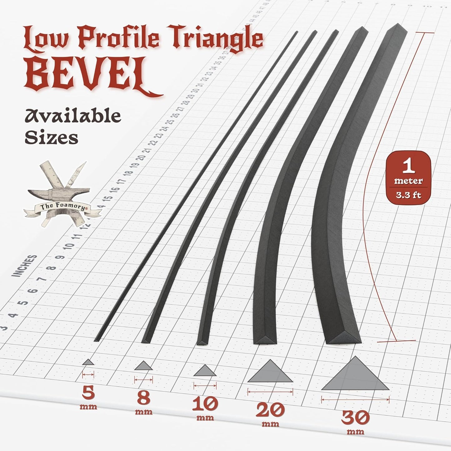 The Foamory's Instant Edge EVA Foam Pre Cut Low Profile Triangle Bevel. 5-30mm x 1M Black EVA Beveled Trim Saves Time on Cosplay, Costume Edges and Armor Detail. High Density 85kg/m³ Craft Foam Dowel
