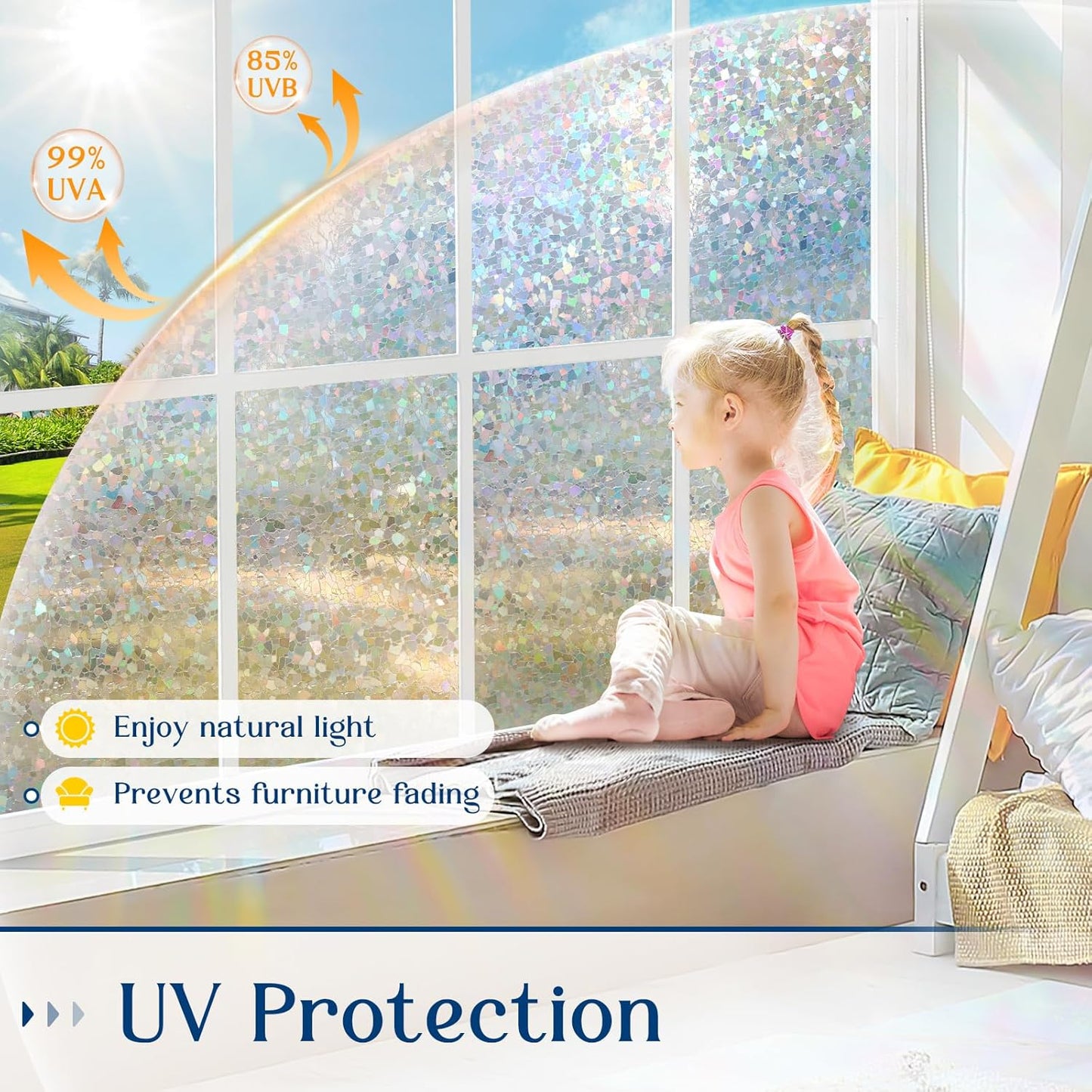 Haton Window Privacy Film, Rainbow Stained Glass Window Clings, 3D Decorative UV Sun Blocking Sticker, Removable Static Cling Heat Control Tint for Home Door, 23.6" x 78.7" Non-Adhesive