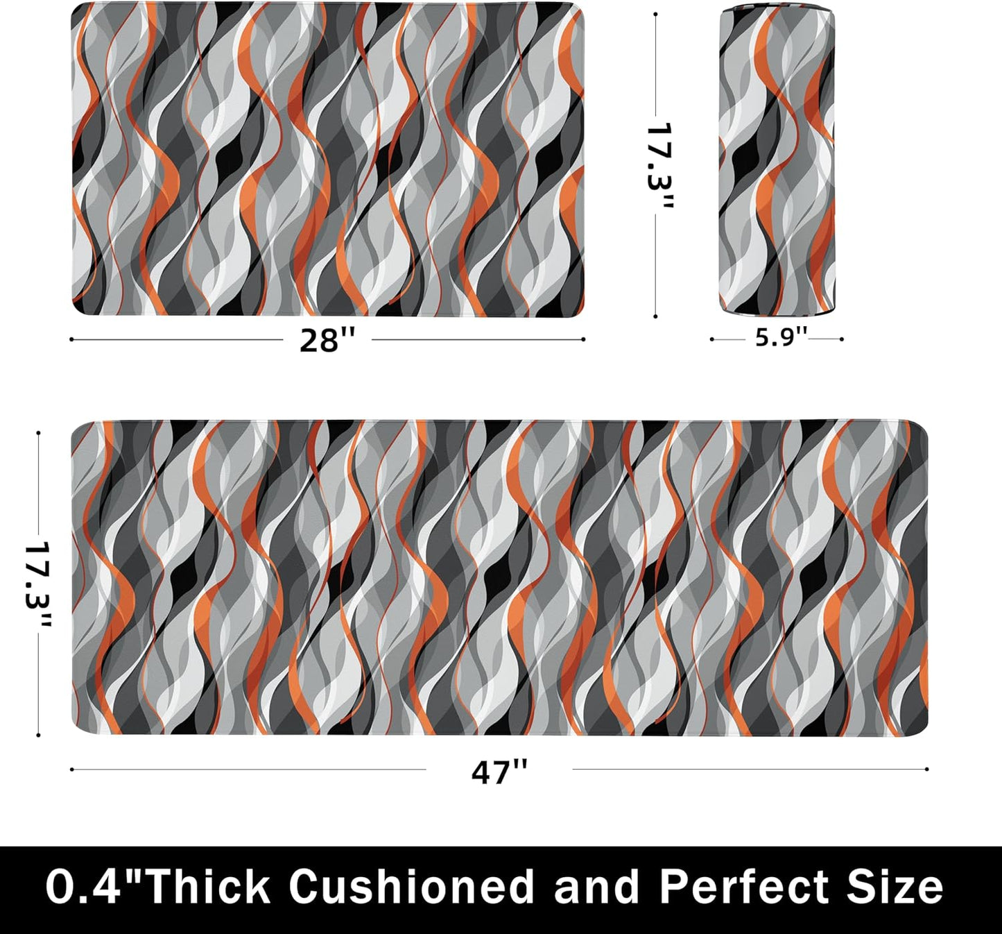 Kitchen Mats for Floor Modern Abstract kitchen rugs Grey and Orange Stripe Anti Fatigue Kitchen Mats Waterproof Floor Mats Cushioned Non-Skid Standing Mats for Kitchen, Set of 2,17.3 x 28+17.3 x 47