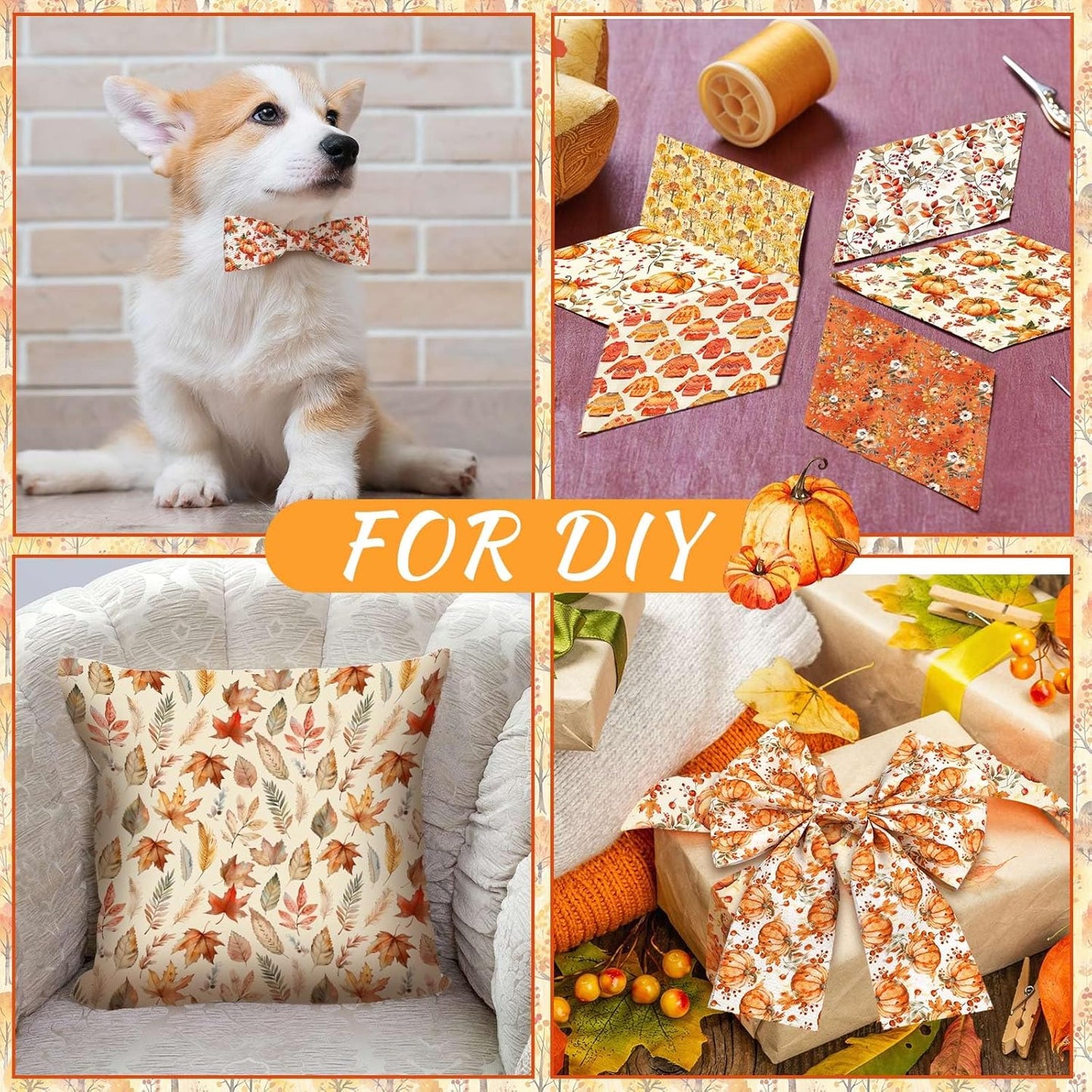 Ganeen 60 Pcs 10 x 10 Inch Fall Quilting Fabric Squares Thanksgiving Fat Patchwork Precut Strips Retro Pumpkin Maple Leaf Bundles for Harvest Autumn Holiday DIY Craft Sewing Quilt Material Handmade