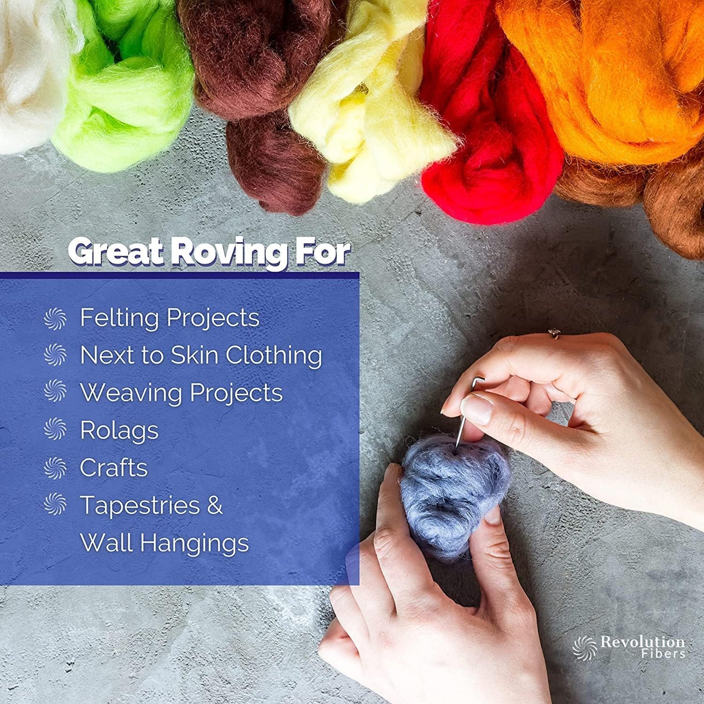 Revolution Fibers Merino Wool Roving | Premium Combed Wool Top | 22 Micron, Perfect for Felting Projects, Spinning, Wall Hangings and Tapestry (Pearl)