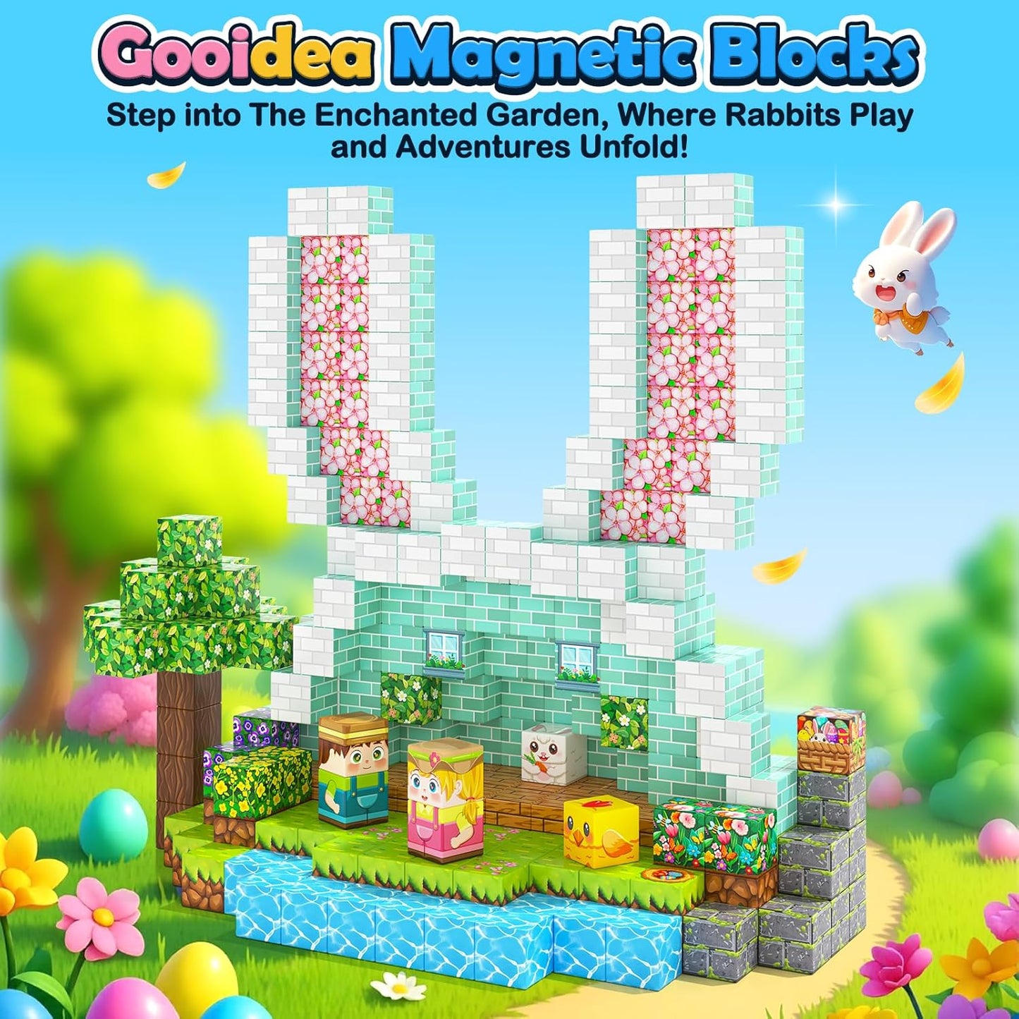 108PCS Magnetic Blocks Kids Magnet Toys, Large 1 inch Building Cubes with Puzzle Panel, Mine Magworld Easter Bunny Garden Building Crafts, Sensory Learning Toys Gift for 3+ Year Old Boys Girls