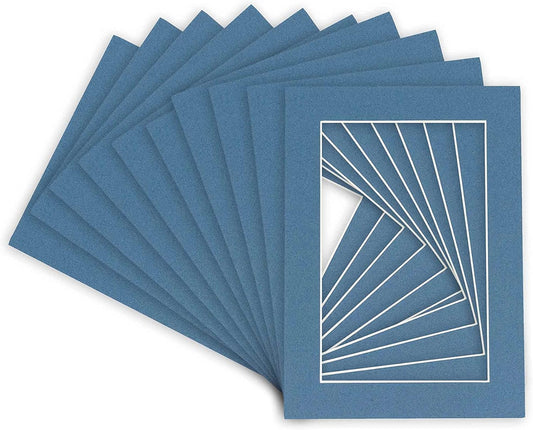 Pack of Ten 8x10 Mats Bevel Cut for 5x8 Photos - Acid Free Steel Blue Precut Matboards for Pictures, Photos, Framing - 4-ply Thickness