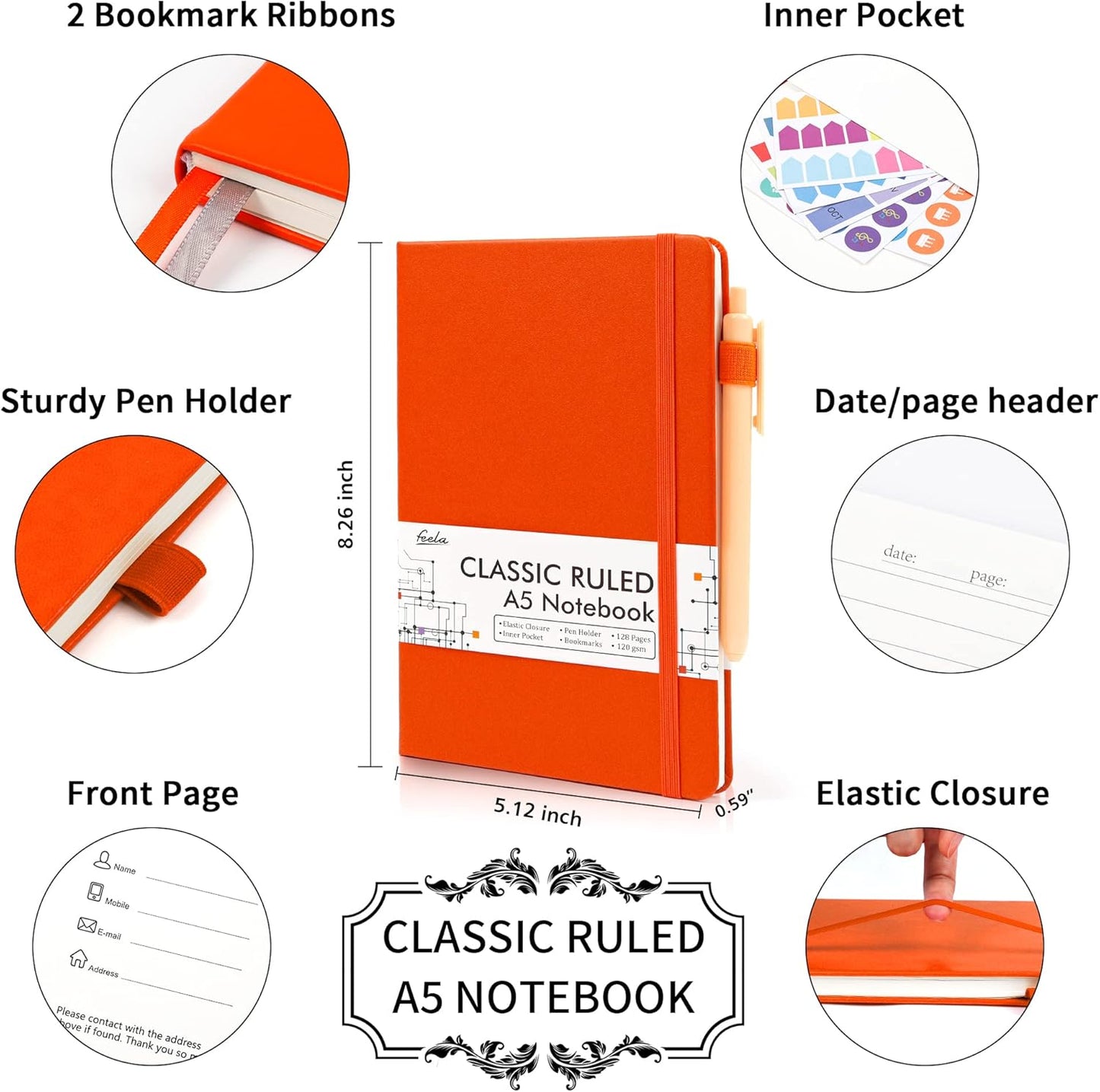 5 Pack Journal Notebook Bulk for School, Feela Hardcover Business Notebooks Classic Ruled Lined Journals with Pen Holder for Work Note Taking, with 5 Black Pens, 120 GSM, 5.1”x8.3”, A5, Orange