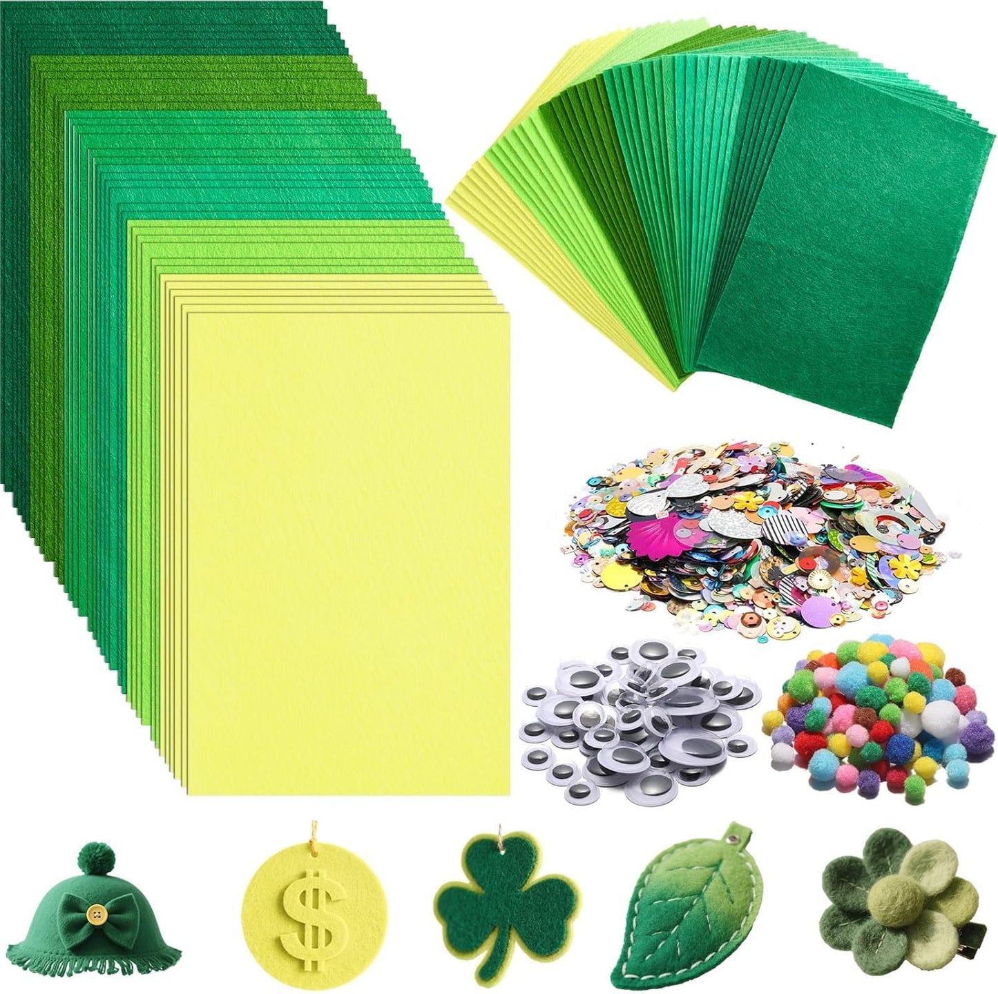 gisgfim 42Pcs Green Felt Fabric Sheets Craft 8 x 12 Inch Assorted Soft Green Gradient Felt Pack with Wiggle Google Eye Pompom Glitter Patchwork Craft for St. Patrick's Day DIY Sewing Project Decor