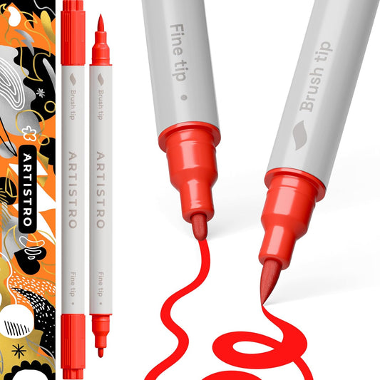 ARTISTRO 2 Red Acrylic Paint Pens, Acrylic Paint Markers Dual Tip (Brush + Fine 1 mm), Canvas, Rock, Glass, Wood, Paper, DYI, Markers for Kids and Adults