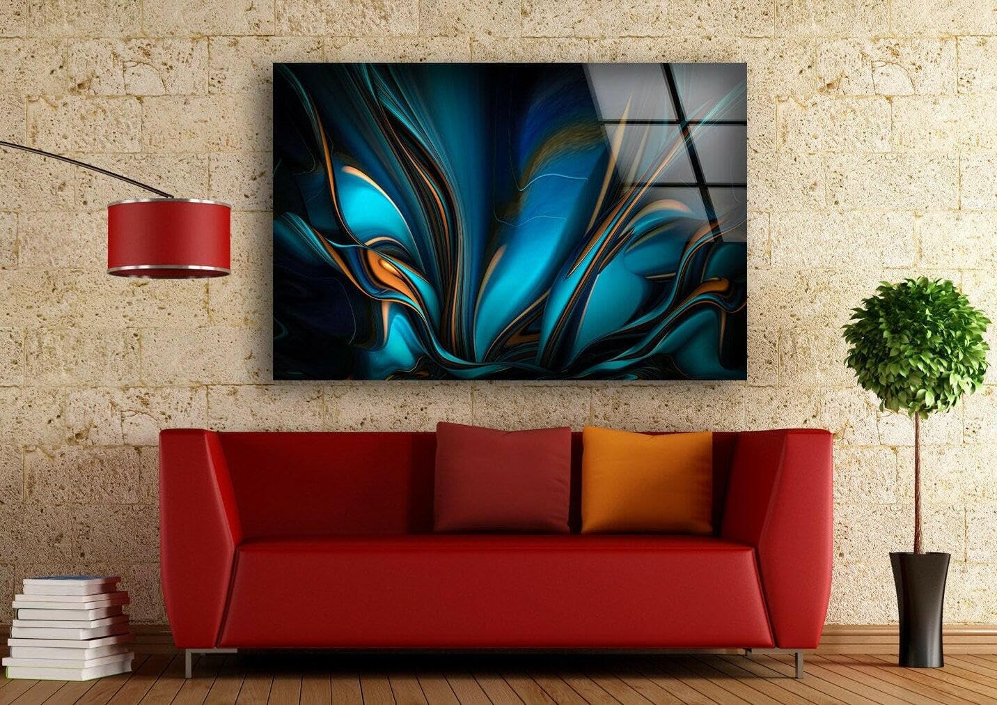 My Photostation.com 35.5Wx30H'' Orange & Blue Abstract Glass Wall ArtTempered Glass Printing Wall Decor Large Wall Art Wall Hangings