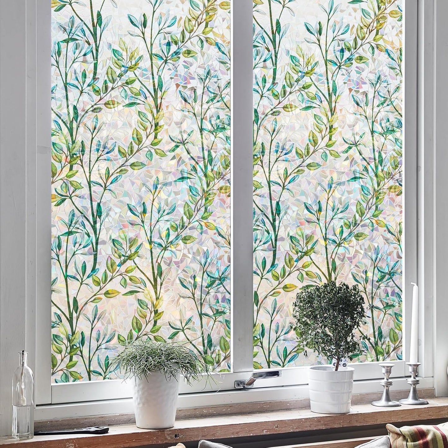 NINETREX Window Privacy Film Stained Glass Window Film 3D Decorative Cling,Sun Blocking Static Cling Removable Film for Glass Door,Home Decor Window Cover Non-Adhesive 11.8 x 78.7 inches,Leaf