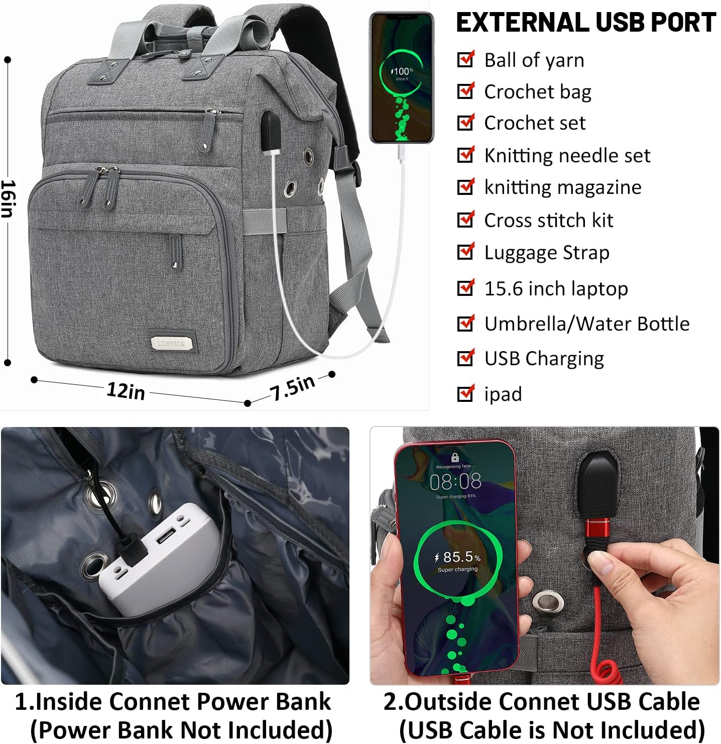 Knitting Bag Backpack Yarn Storage Organizer Travel Bag with USB Charging Port, Large Tote Bag Holder Case for Knitting Needles, Crochet Hooks, Accessories, Grey