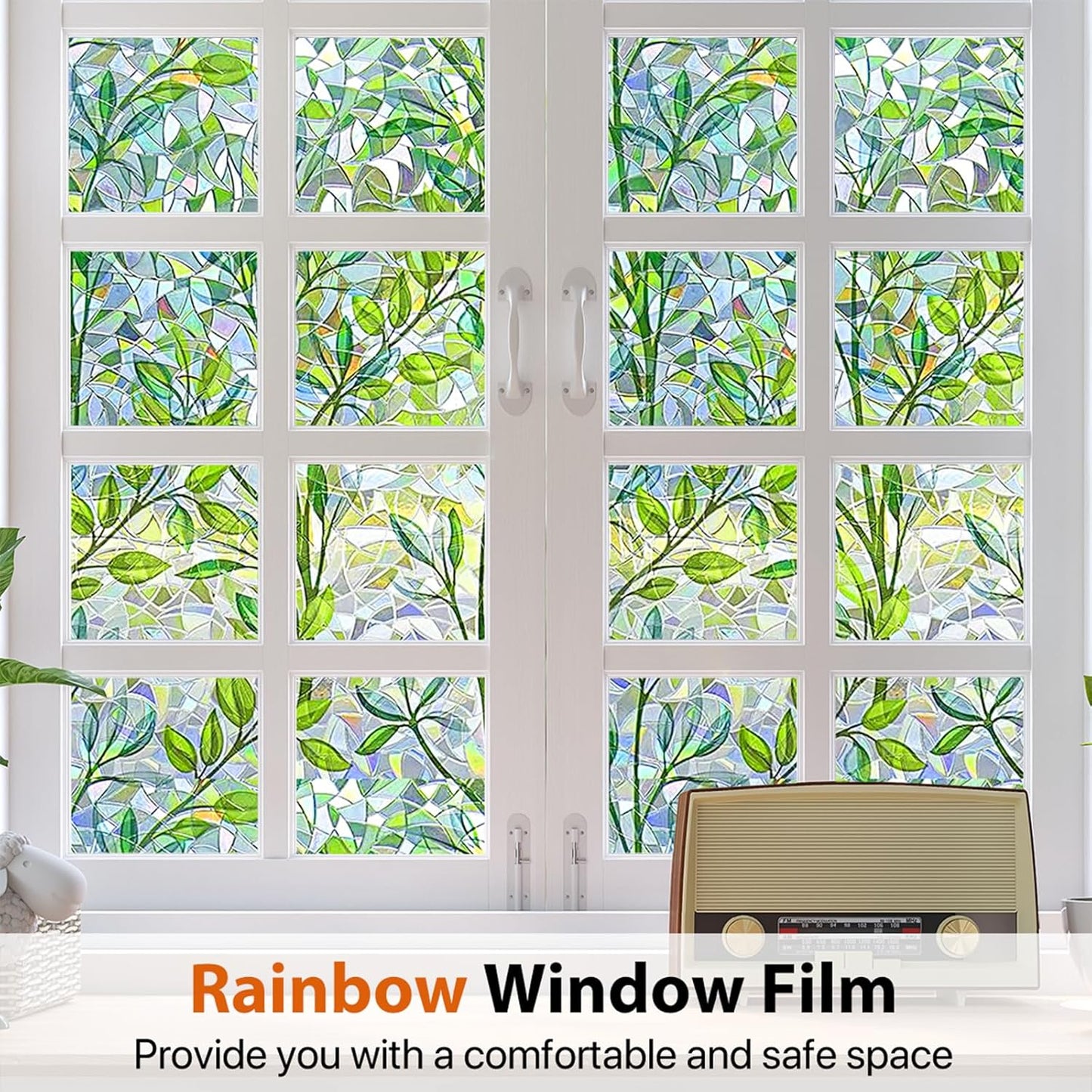 Niviy Window Privacy Film Stained Glass Window Film with Installation Tools, Rainbow Windows Decorative Decals Non-Adhesive Reusable for Home, Bathroom, Glass Door (Leaf Rainbow, 35.4 x 78.7 in)