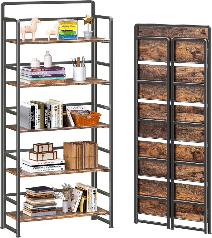4NM No Assembly 5 Tiers Folding Bookshelf Storage Shelves Vintage Bookcase by 4NM