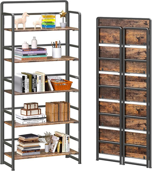 4NM No Assembly 5 Tiers Folding Bookshelf Storage Shelves Vintage Bookcase by 4NM