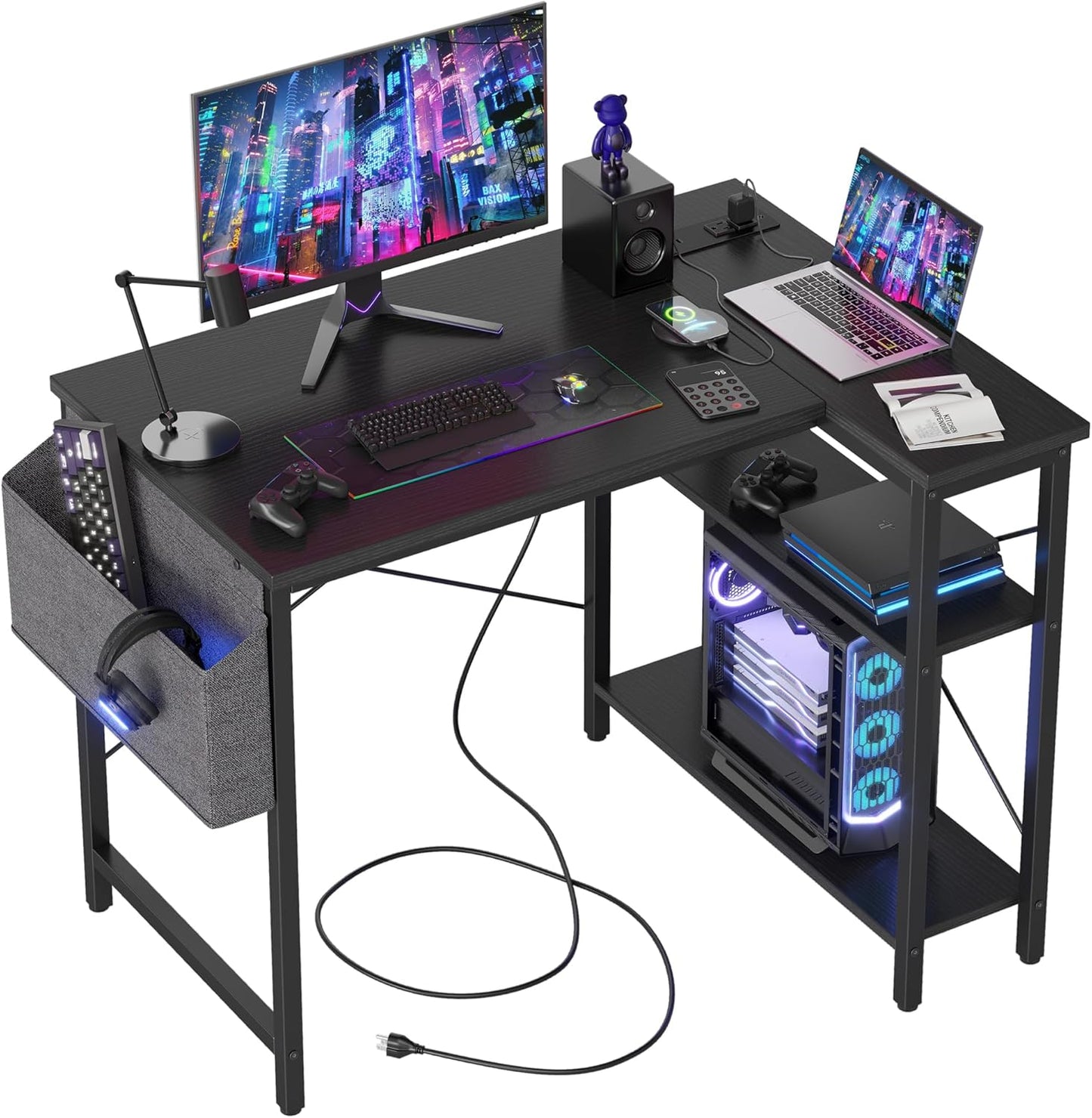 TIQLAB Small L Shaped Computer Gaming Corner Desk with Power Outlets, Reversible Shelves for Study, Writing Table for Home, Office, Bedroom, Living Room, 40 inches, Black
