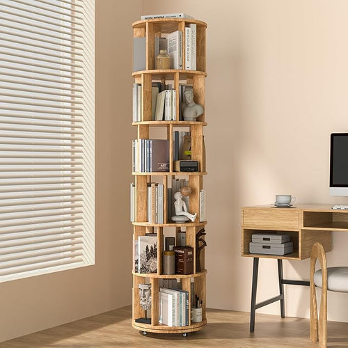 6-Tier Solid Wood Rotating Bookshelf on Wheels, 360° Spinning Book Shelf Tower by IUNVR