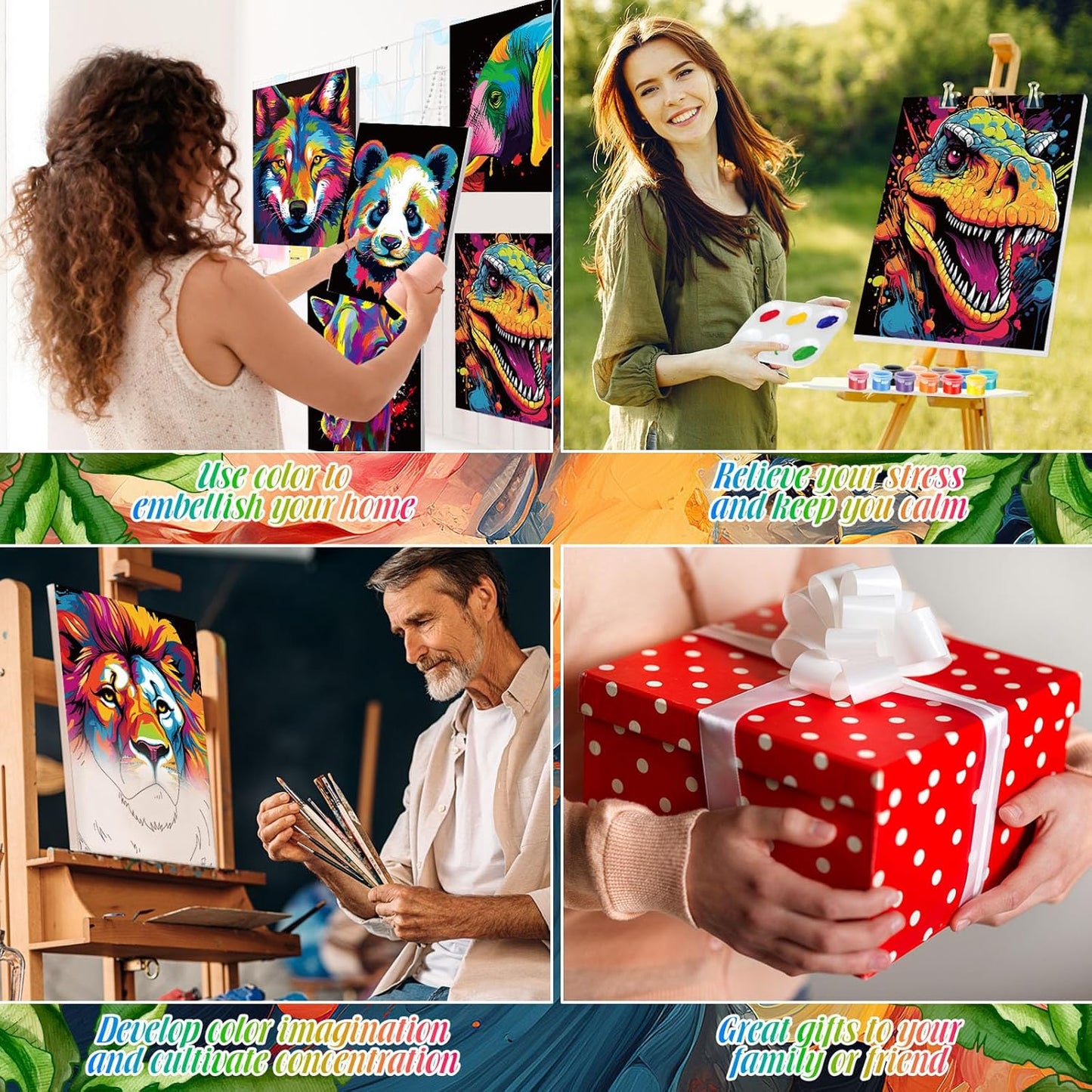 Zhanmai 12 Pack Pre Drawn Canvas for Painting Sip and Paint Kit 8 x 10 Paint Party Set Canvas Painting Pre Printed Canvases for Party Favor DIY Virtual Adult's Date Night(Colorful Animals)