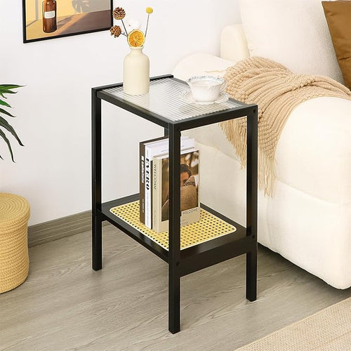 2-Tier Bamboo Side Table, Modern Glasstop Rattan Side Table, Mid Century Wood by MordchilHF