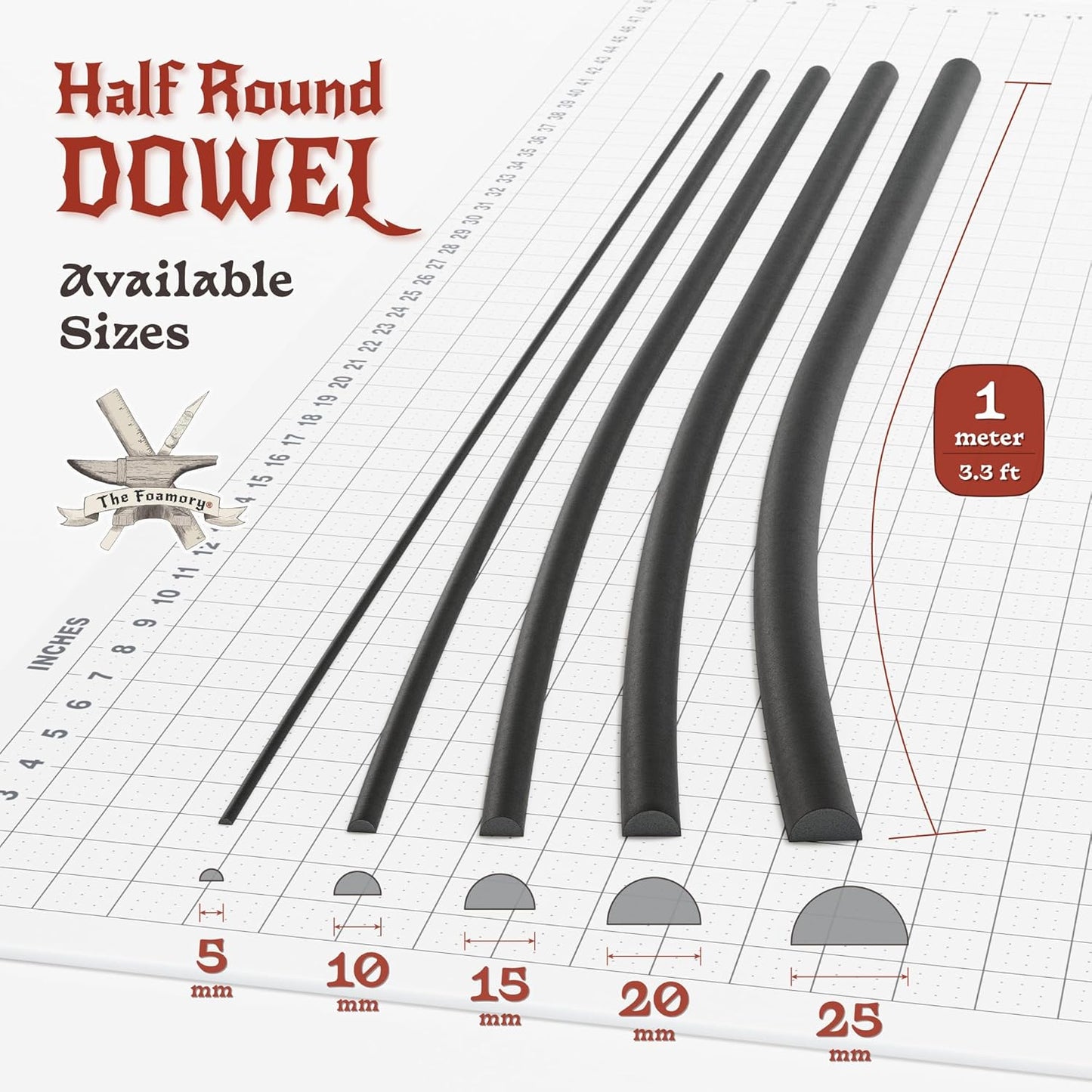 The Foamory's No Waste Half Round EVA Foam Dowel. 5-25mm x 1M High-Density Black Craft Foam Stick. Pre-Cut for Quick Cosplay Armor Trim, Weapon Enhancement and Costumes. Time Saving, Paint-Ready Bevel