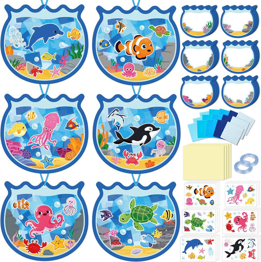 36PCS Summer Activities Crafts Bulk: Sea Animal Ocean Scene Paper Suncatchers, Under the Sea Party Fish Stickers DIY Kit School Classroom Decorations, Window Stained Glass Effect Art Supplies