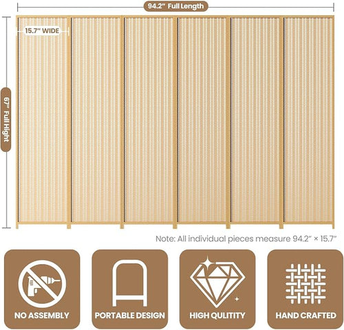6 Panel Room Divider and Extra Wide Folding Privacy Screen, 94.5" W x 67" H - Image 2