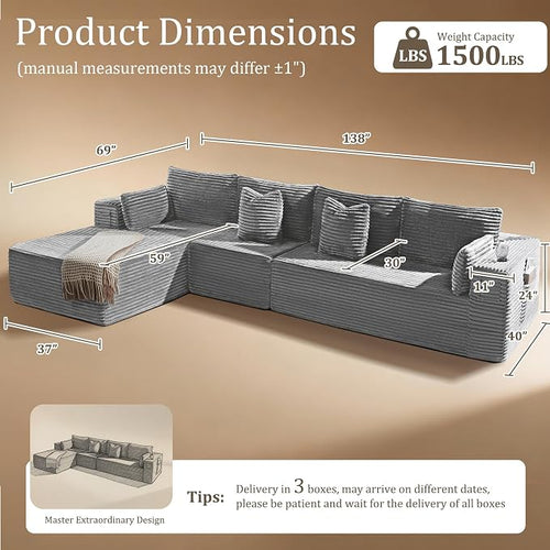 138" Oversized Cloud Sectional Couch, Comfort L Shaped Boneless Couch - Image 2