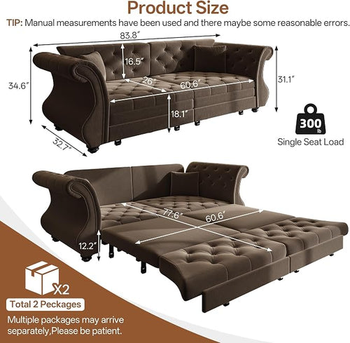 83.8" Oversized Pull Out Sofa Bed, Chesterfield Velvet Sleeper Sofa Couch - Image 2
