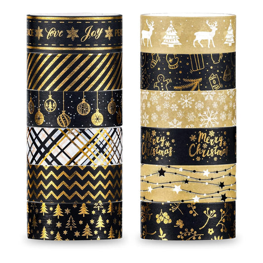 Whaline 12 Rolls Christmas Washi Tape Black Gold Xmas Washi Masking Tape Foil Gold Snowflake Xmas Tree Xmas Tree Ball Plaid Pattern Decorative Tape for Scrapbook Journal DIY Craft Gift Wrapping
