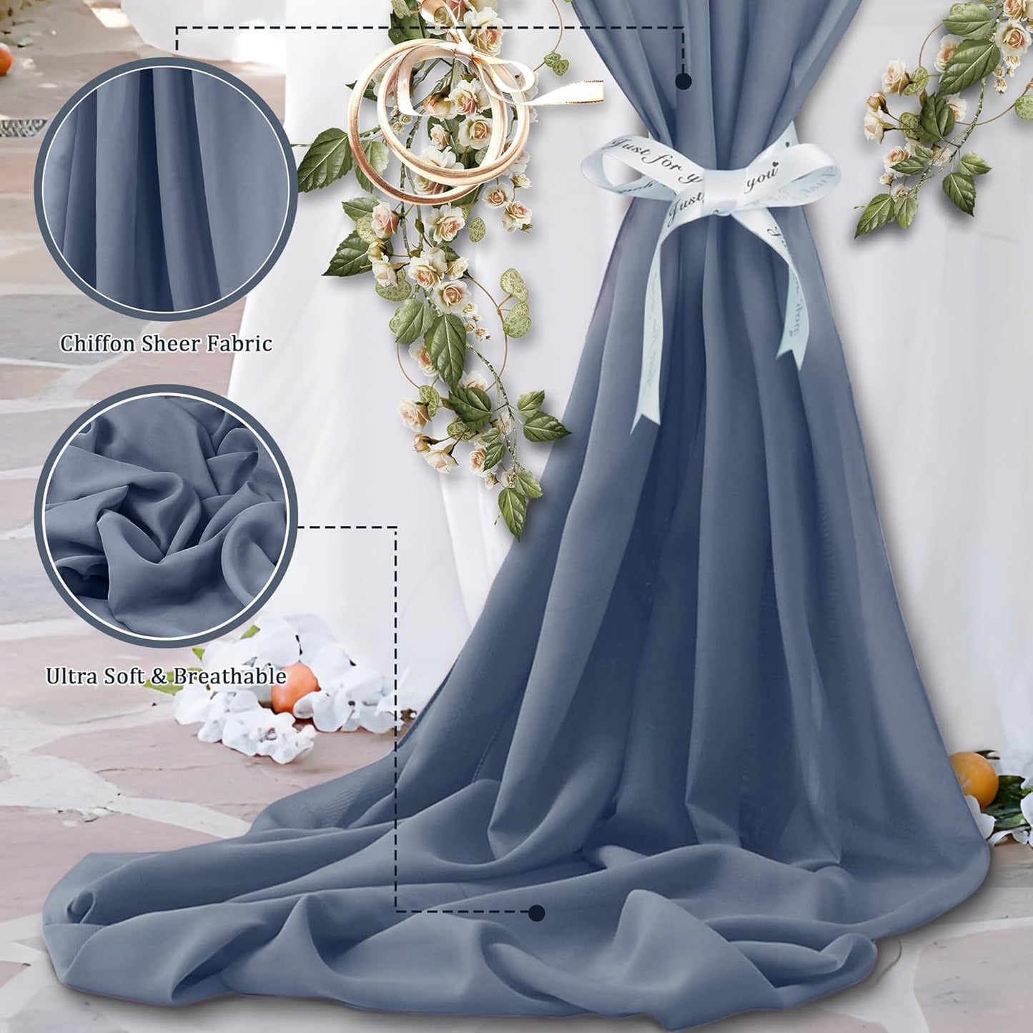 Horbaunal Dusty Blue Chiffon Fabric by The Yard, 10 Yard Continuous Sheer Fabric 59" Wide Soft Draping Fabric for Wedding Arch Draping Party Backdrop DIY Sewing
