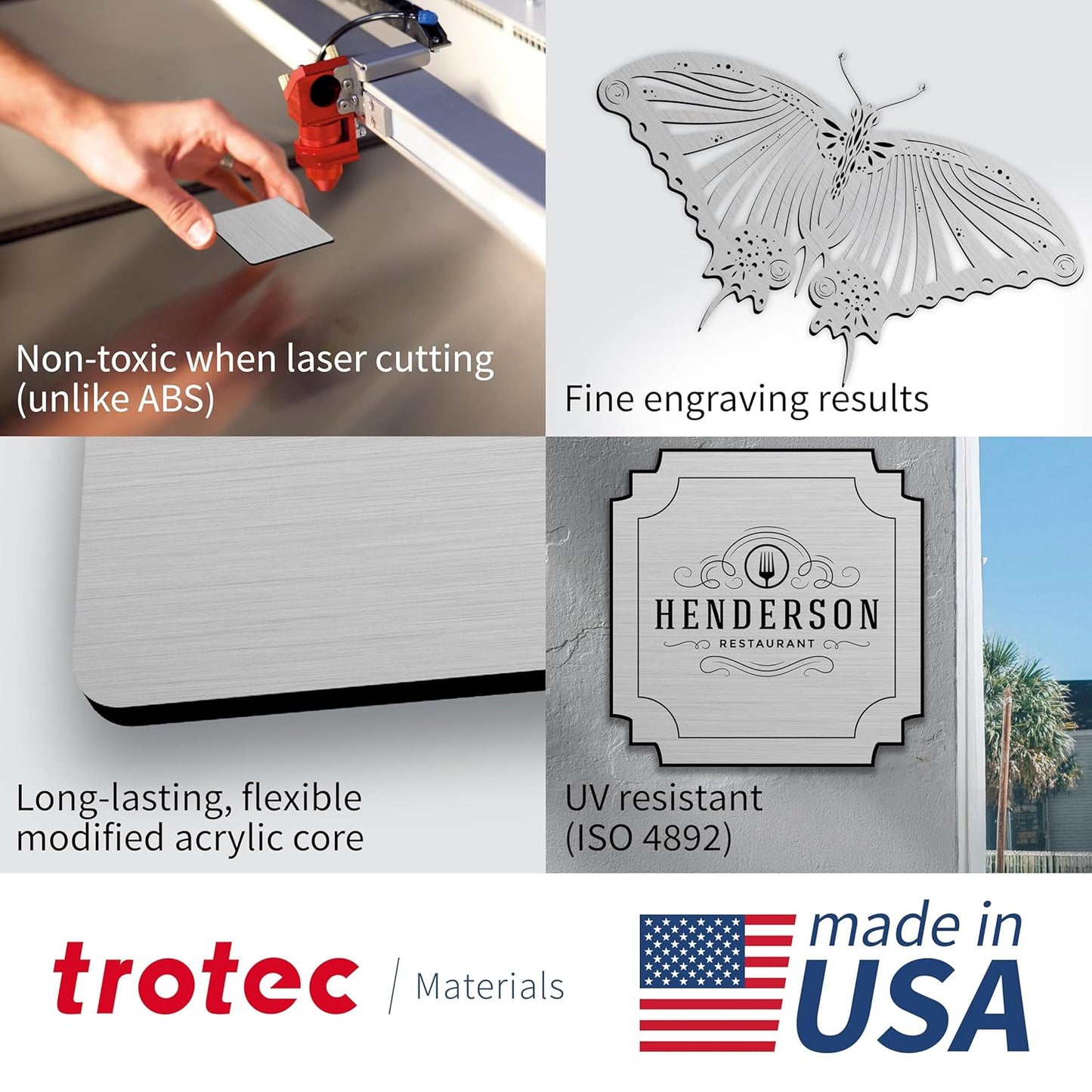 Trotec | Metallic Looking Acrylic Sheet | 12"x12"x1/16, 8 Pcs | Brushed Aluminum/Black | Metallic Finish - Scratch Resistant for Laser Engraving & Cutting,Printing,Glowforge,Name Plate | USA Made