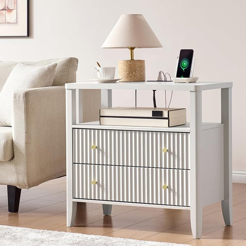 27.3" Fluted Nightstand with Charging Station – Modern Bedside Table with 2 by Fatmok