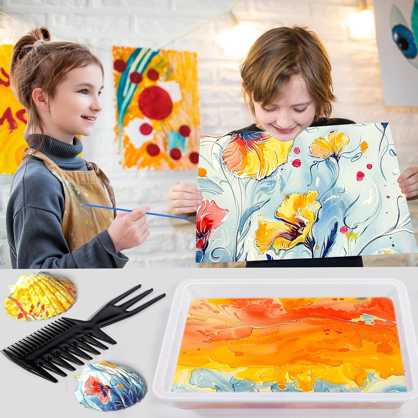Water Marbling Paint Kit for Kids, Arts & Crafts, Non-Toxic, Age 3-12, Includes 6 Colors, 10 Sheets, Tools, 12 Shells, 2 Display Boxes