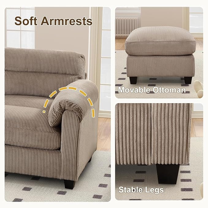 HAOMARKETS Corduroy 4-Piece Sofa Set, Upholstered Ottoman Set of 2 and Accent - Image 5