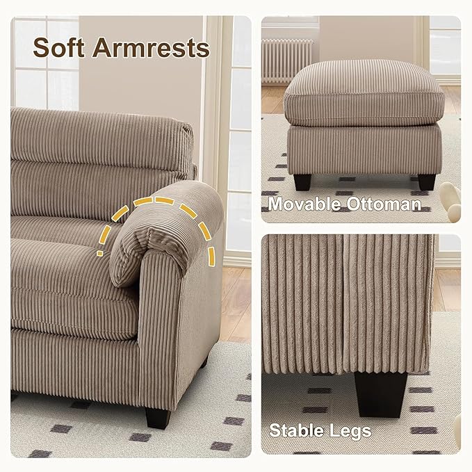 HAOMARKETS Corduroy 2-Piece Sofa Set, Upholstered Ottoman and 3-Seater Sofa - Image 5