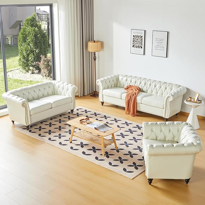 ORRD 3 Piece Living Room Set, Chesterfield Faux Leather Sofa Loveseat Couch by ORRD
