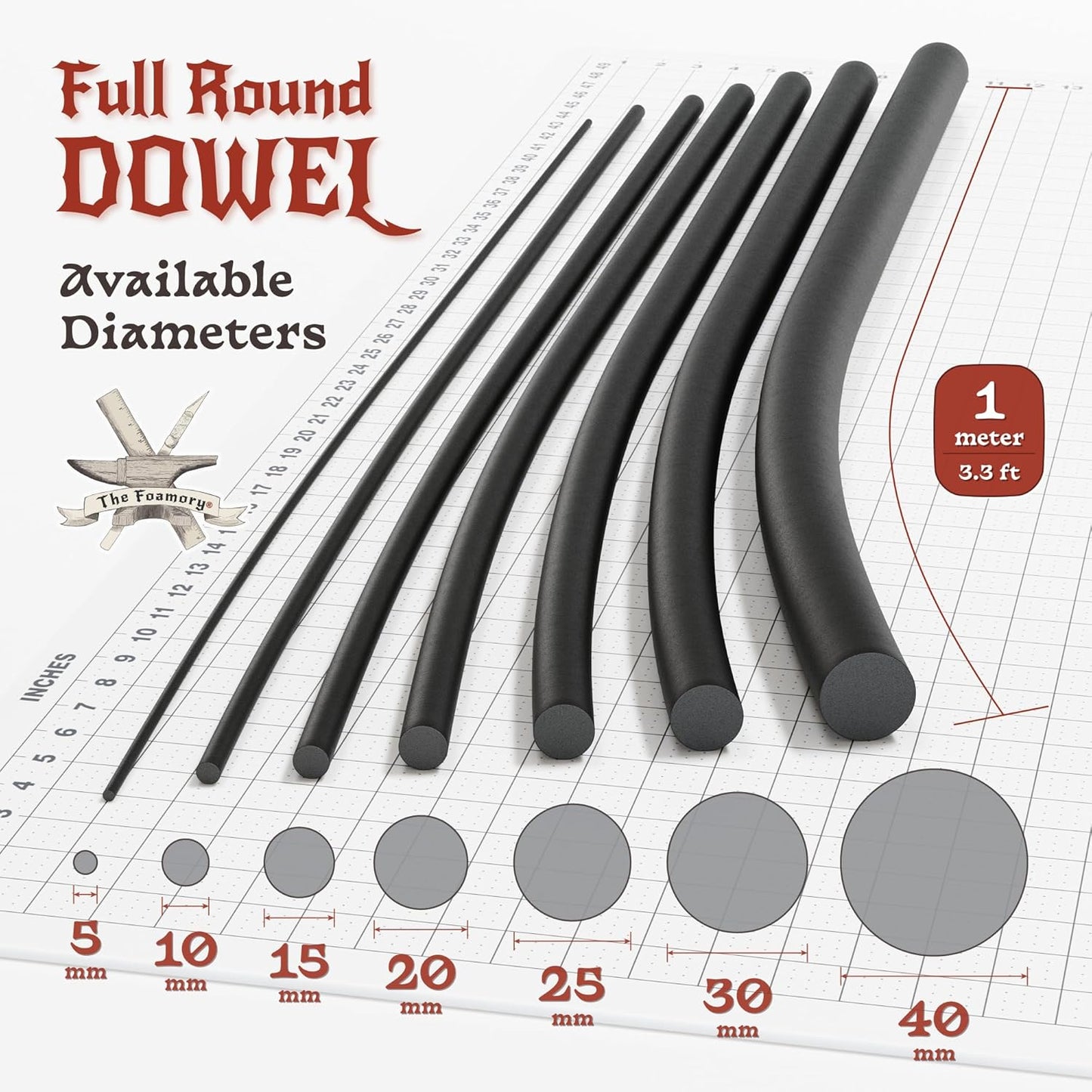 The Foamory's No Waste Full Round EVA Foam Dowels. 3 Pack 5-40mm x 1M High-Density Black Craft Foam Sticks. Pre-Cut, Paint-Ready Cosplay Trim. Time Saving, Bevel Enhances Armor, Weapons and Costumes
