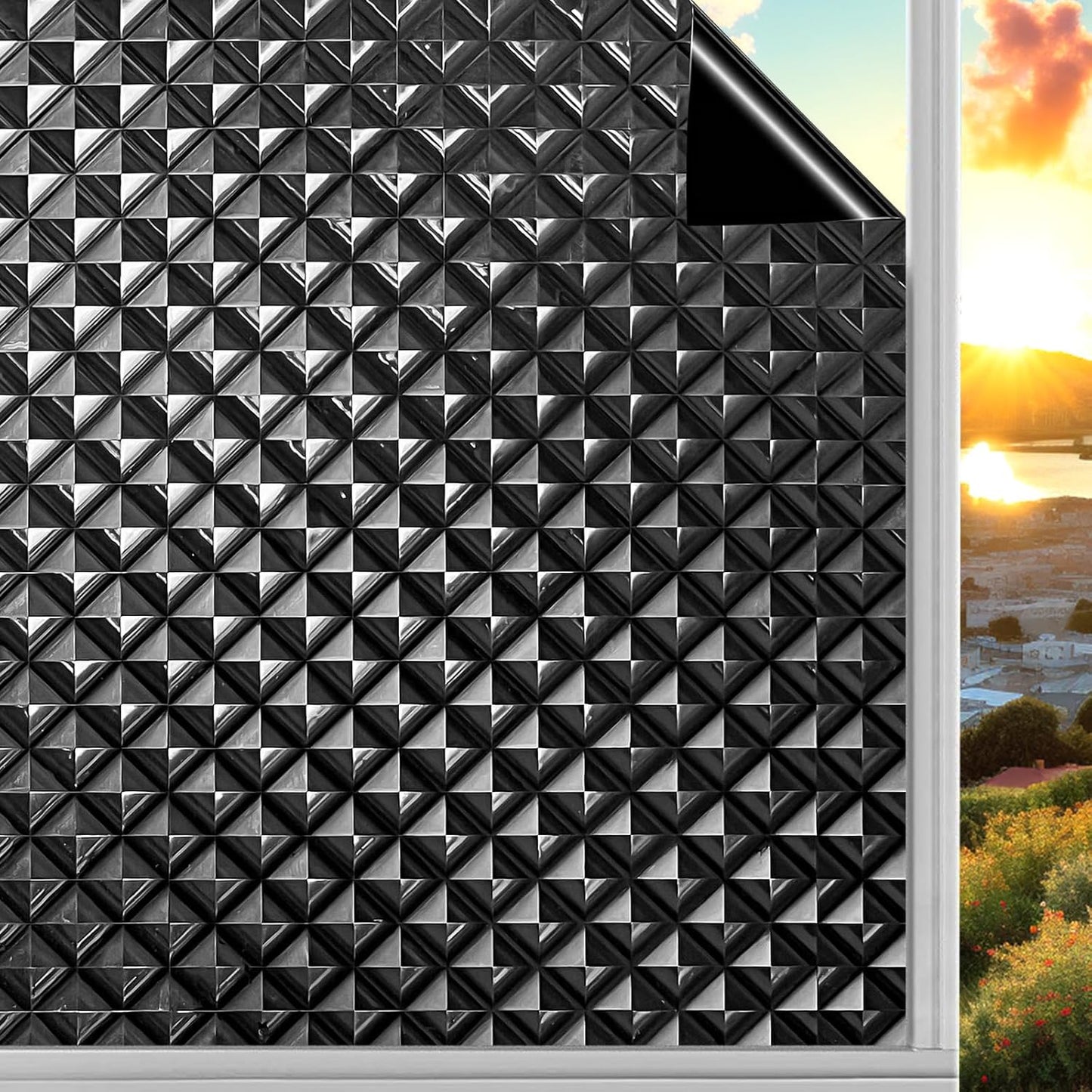 Qualsen Blackout Window Film, 𝟑𝐃 𝐕𝐢𝐬𝐮𝐚𝐥 𝐀𝐩𝐩𝐞𝐚𝐥 100% Light Sun Blocking Privacy Film for Glass Windows, Removable No Glue Black Out Window Tint for Home Day Sleep Garage 17.4×78.7inch