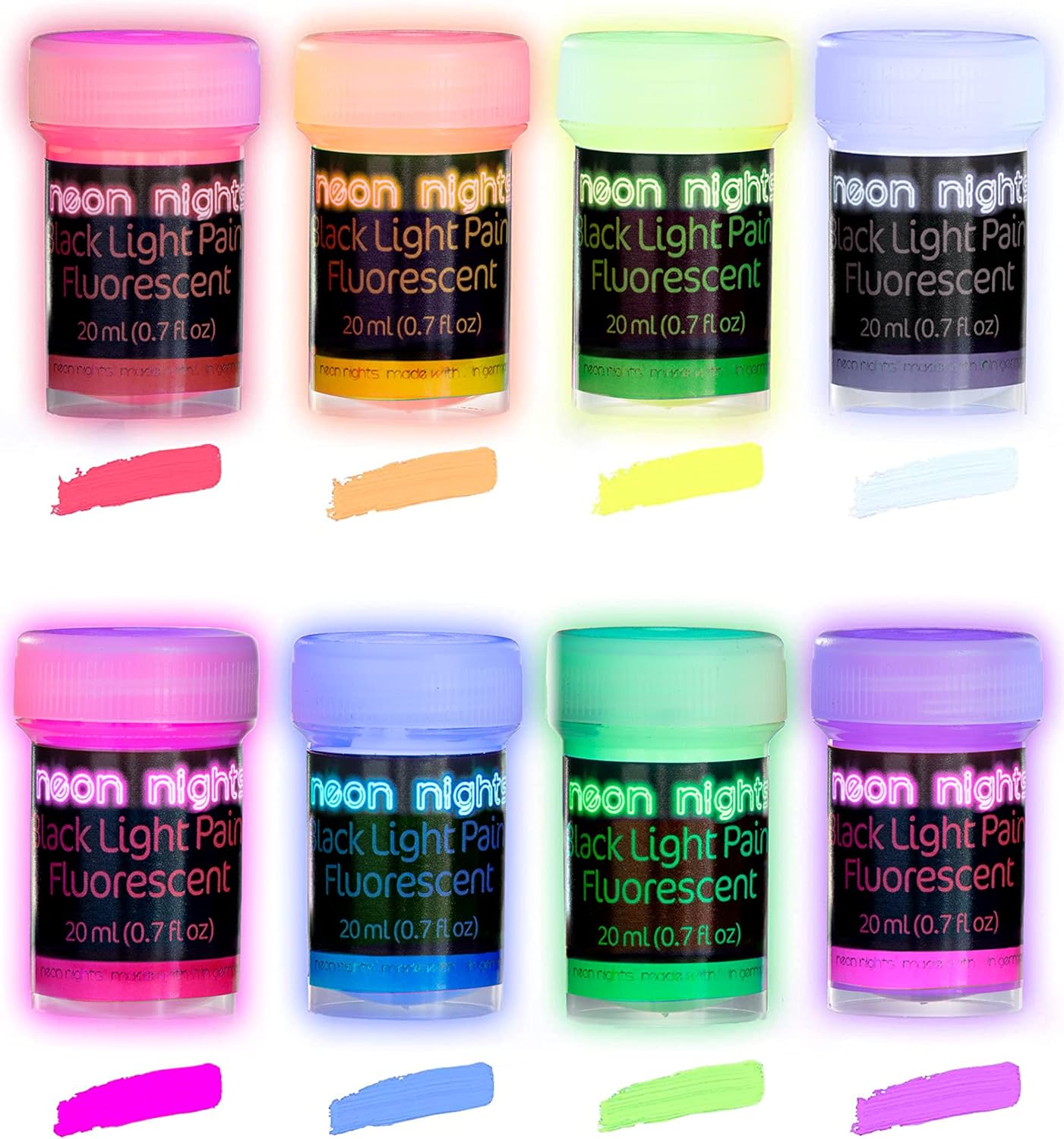 Glow in the Dark Paint - Pack of 8 Multi-Surface UV Paint Set - UV & Blacklight Activated, Self Luminous, 20mL - Perfect for Halloween and Holiday Decor, Easter Egg Painting Decoration