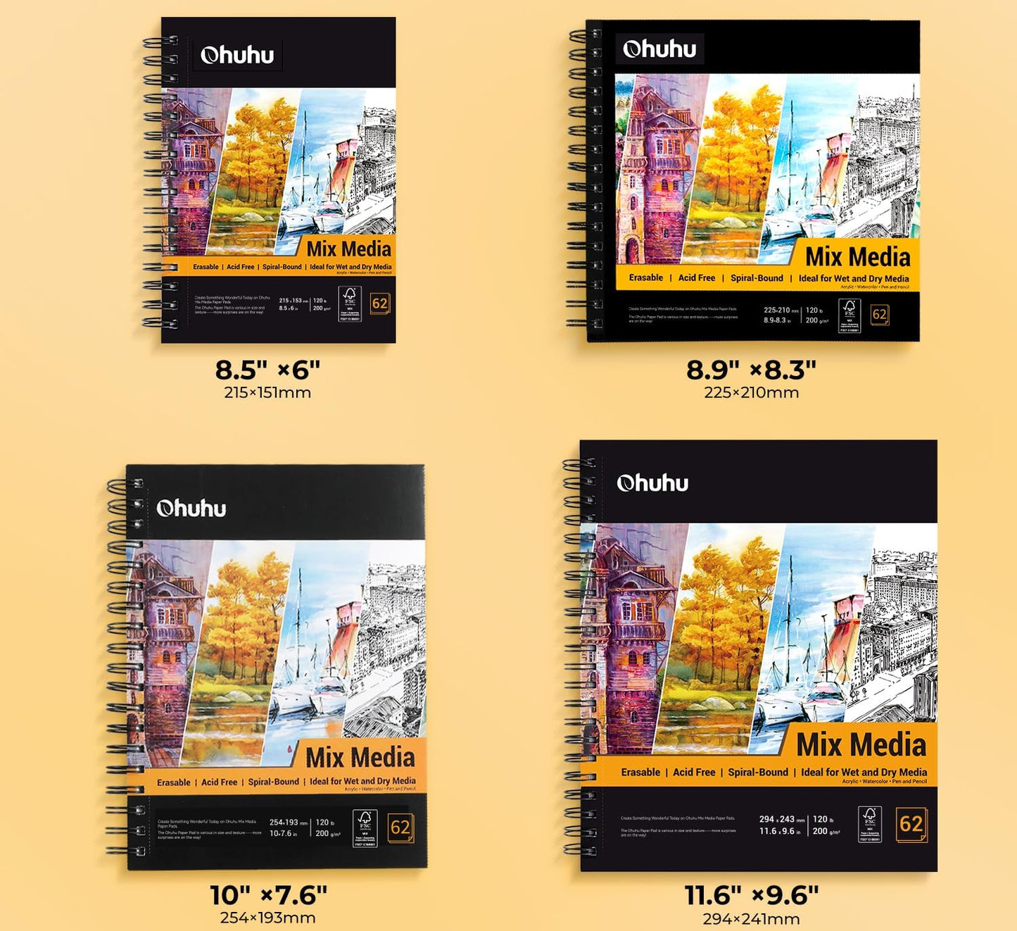 Ohuhu Mix Media Pad, 10"x7.6" Mixed Media Art Sketchbook, 120 lb/200 gsm Heavyweight Papers, 62 Sheets/124 Pages, Spiral Bound Mixed Media Paper Pad for Acrylic, Painting Christmas Gift
