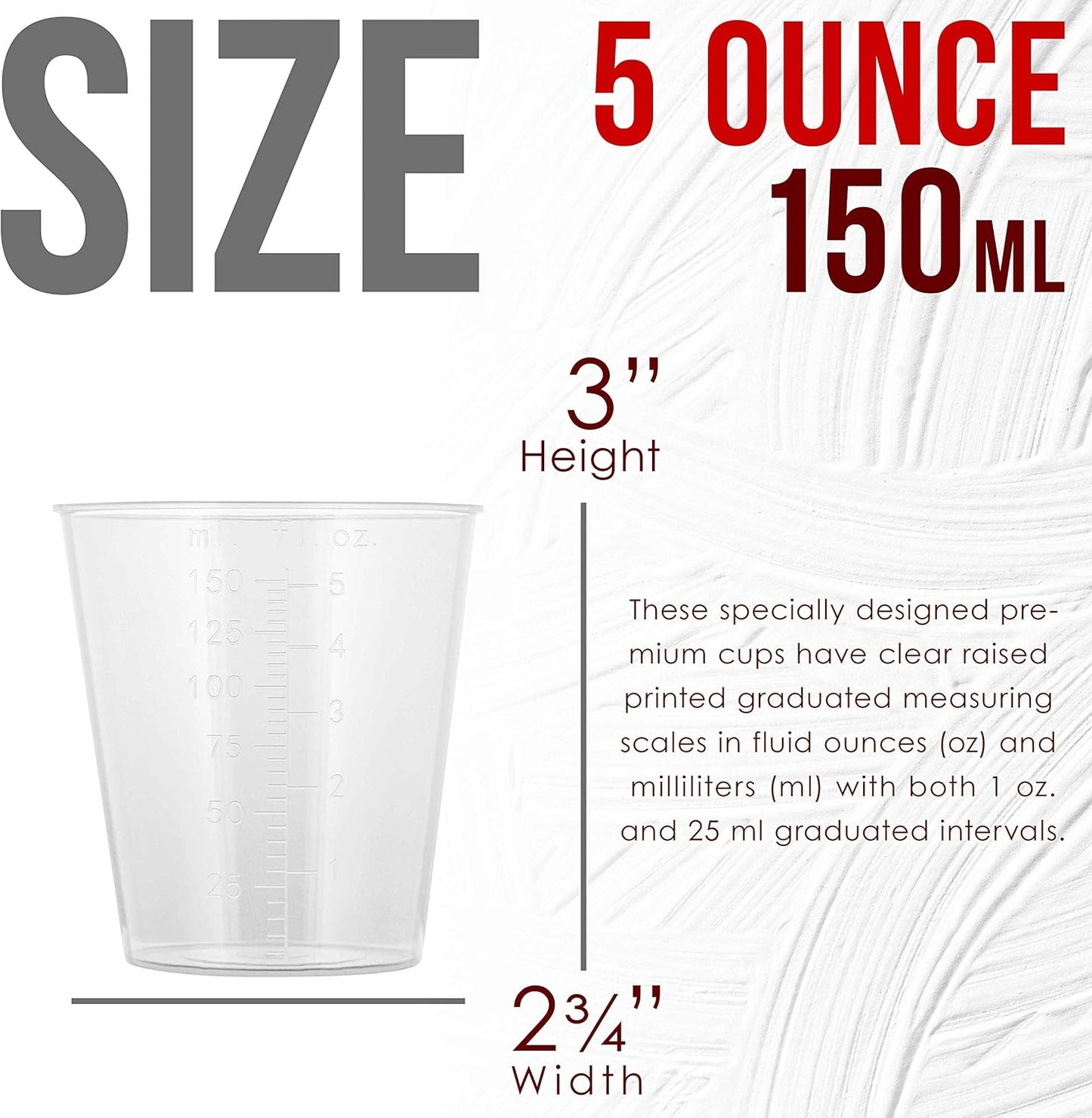 Pouring Masters 5 Oz (150 ml) Liquid Measuring Cups - Plastic Graduated Cup (50 Pack) with 25 Sticks - Reusable Mixing Cups for Paint, Craft, Kitchen, Lab, Medical Supplies, Epoxy Resin, Art