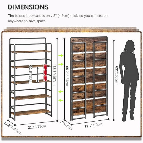 4NM No Assembly Extra Wide 5 Tiers Folding Bookshelf Storage Shelves Vintage - Image 2