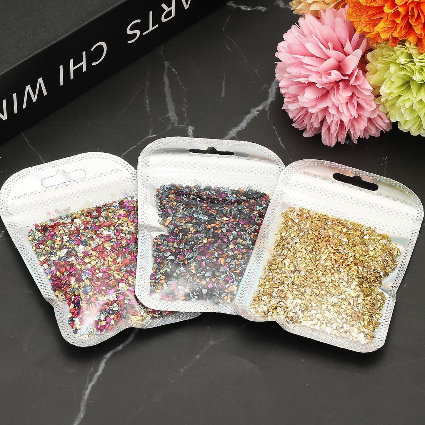 uxcell 6 Colors Crushed Glass Chips, 1-3mm Irregular Glitter Metallic Glass Broken Glasses Pieces with Laser Bag for Craft DIY Vase Epoxy Halloween Decoration 33g, Multicolored