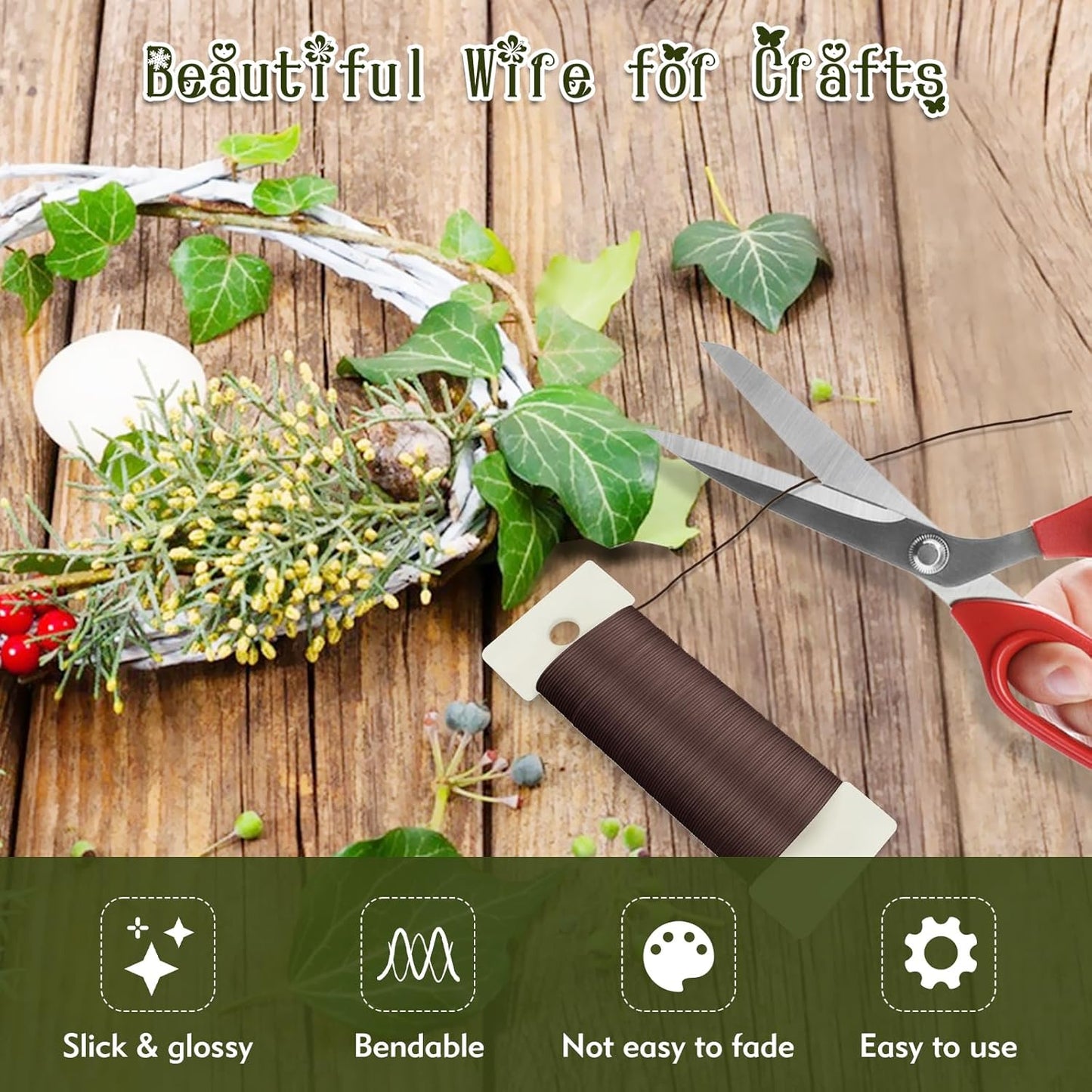 Floral Wire, 38 Yards 114 Ft 22 Gauge Metal Wire for Crafts, Flexible Wreath Flower Thin Craft Wire for Ornaments Ribbon Making DIY, Coffee