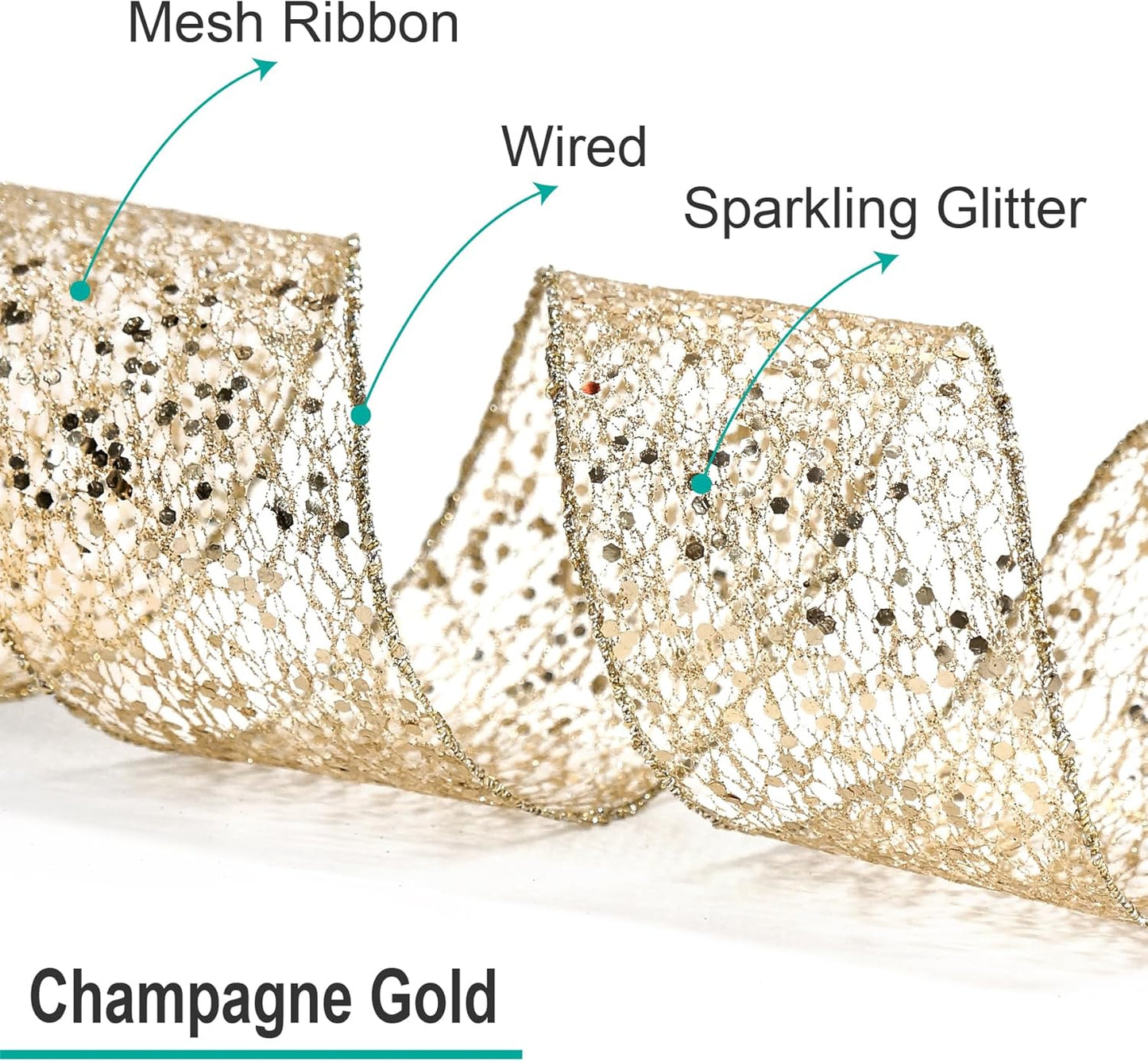 CT CRAFT LLC Sparkling Glitter Mesh Wired Ribbon 6" x 10 Yards Champagne Gold for Christmas Home Decor Bow Gift Wrapping DIY Crafts Wreath