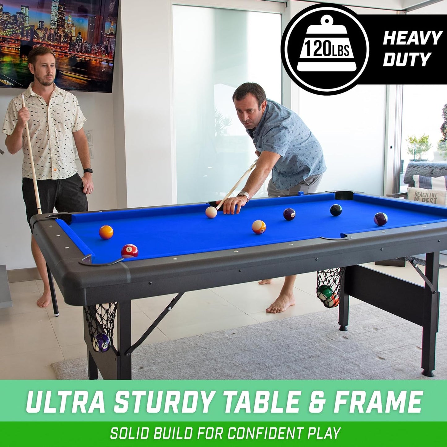GoSports 6, 7, or 8 ft Billiards Tables - No Assembly, Choose Your Color - Portable Pool Table Includes Full Set of Balls, 2 Cue Sticks, Chalk and Felt Brush