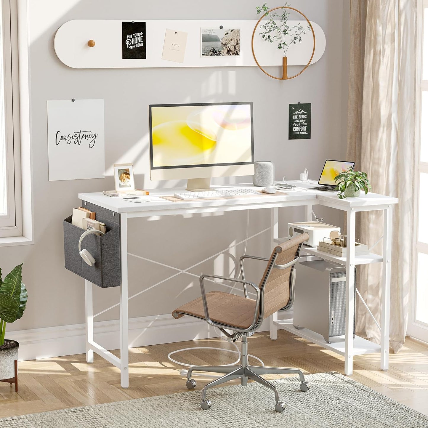 TIQLAB L Shaped Computer Desk with Power Outlets, 47 Inch Small Corner Desk with Reversible Shelves, Gaming Desk Computer Table Study Writing Desk for Home Office Small Space, White